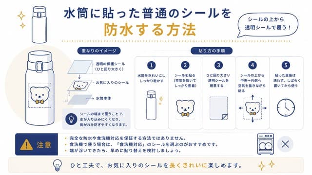水筒に貼った普通のシールを防水する方法