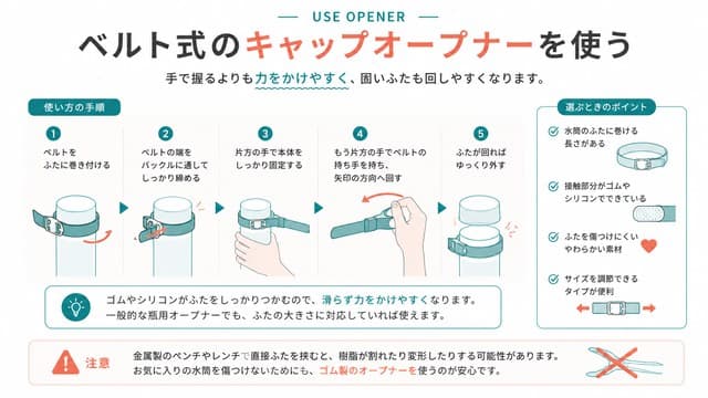 ベルト式のキャップオープナーを使う