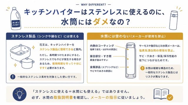キッチンハイターはステンレスに使えるのに、水筒にはダメなの?