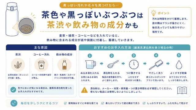 茶色や黒っぽいぶつぶつは茶渋や飲み物の成分かも