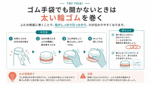 ゴム手袋でも開かないときは太い輪ゴムを巻く