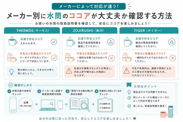 メーカー別に水筒のココアが大丈夫か確認する方法